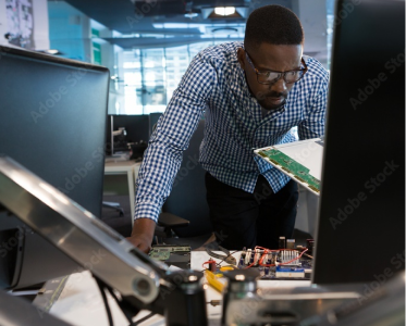 A person leaning over a desk